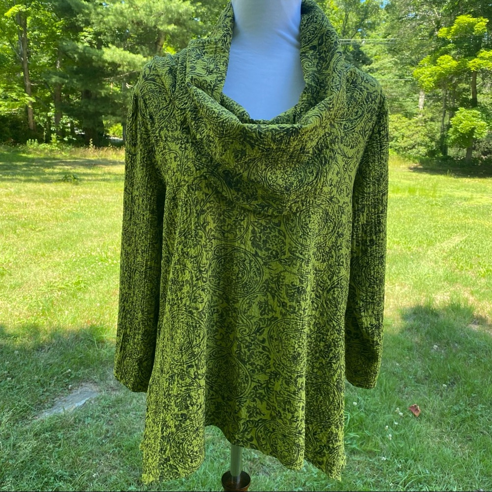 HABITAT TOP TUNIC CHARTREUSE GREEN BLACK FLORAL ROLL COWL NECK SIZE S